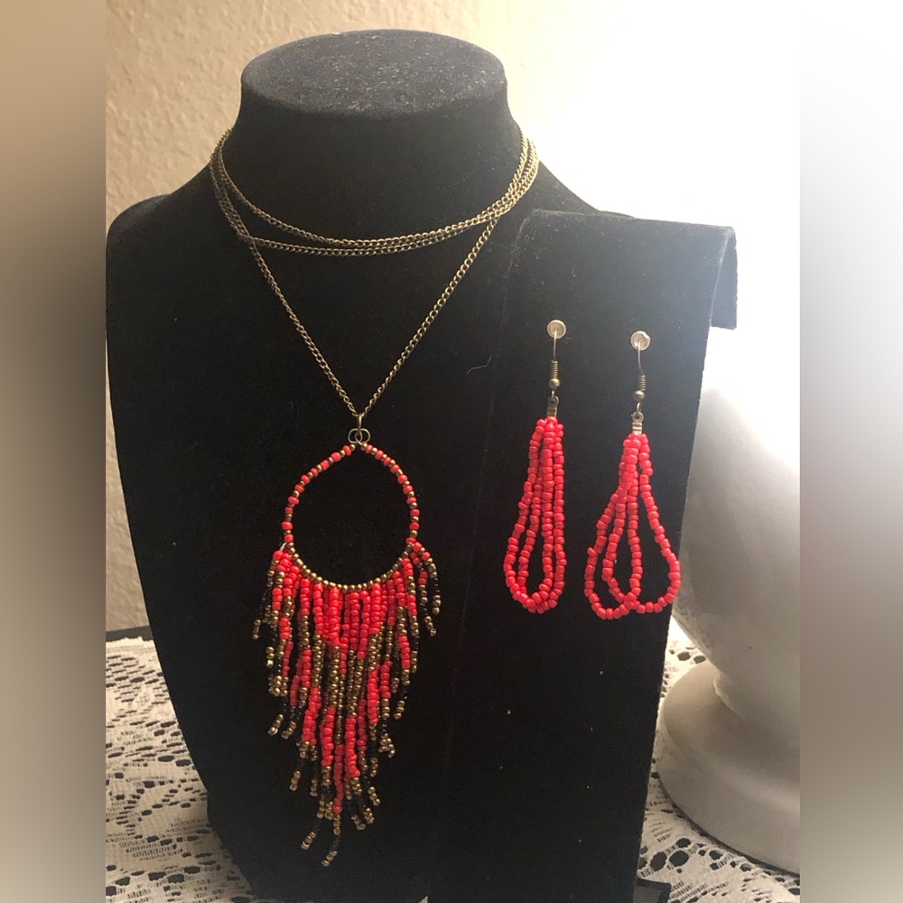 Red Beaded Necklace and Earring Set